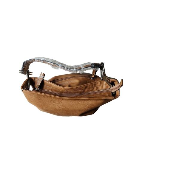 Alyssa Vegan Bucket Handbag 15x11x4” 3 Section Zip Closure Camel Tan 9" Drop - Picture 3 of 7